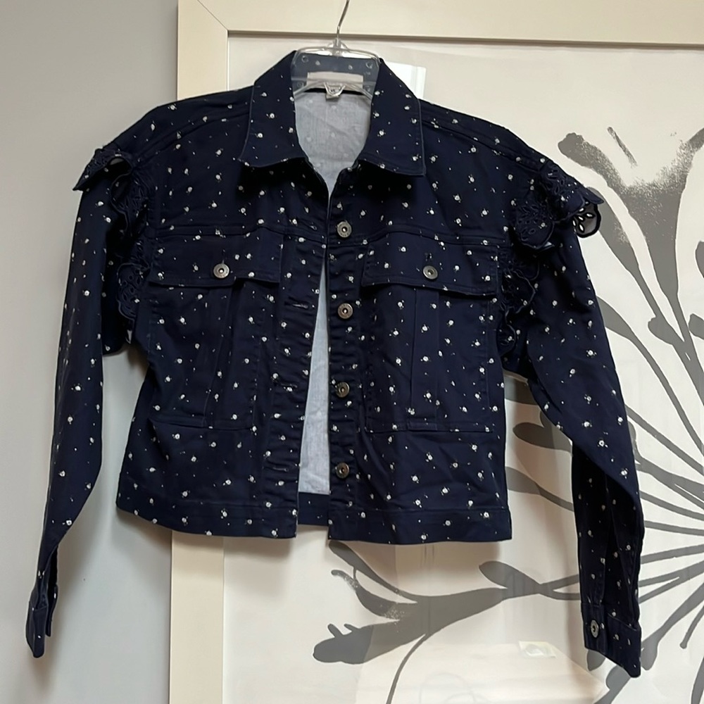 Something Navy Celeste floral eyelet Ruffle Jean jacket